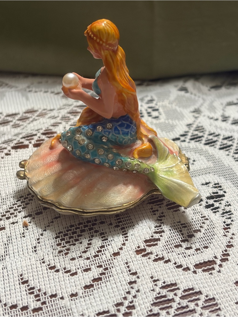 Mermaid Trinket Box - Teal and Peach Decorative Shell Jewelry Holder - Picture 3 of 6